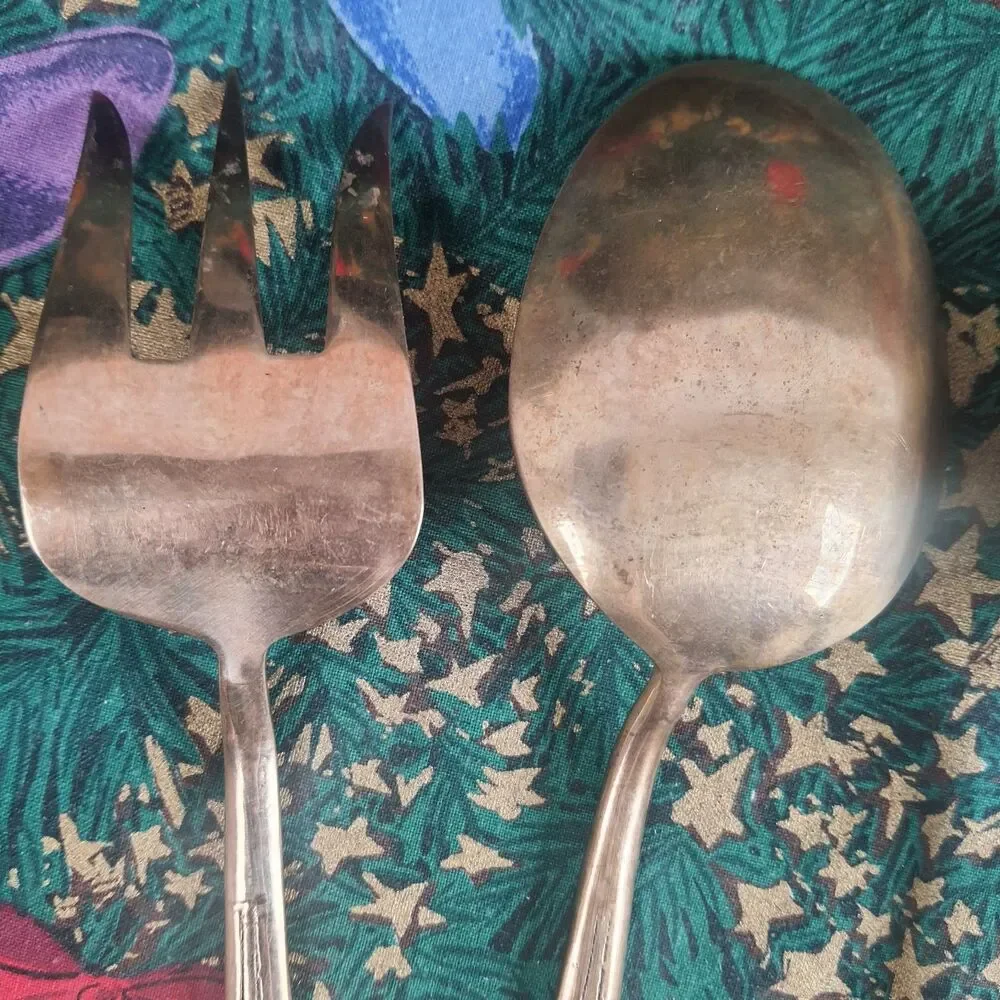 VTG 70’s Lot Of 4 Nickel Bronze Serving Spoon Carving Fork Faux Bamboo Serveware